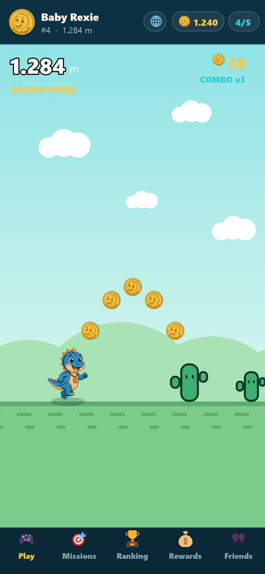 Rexie Run gameplay on a phone: Baby Rexie running, collecting coins, distance counter and daily ranking