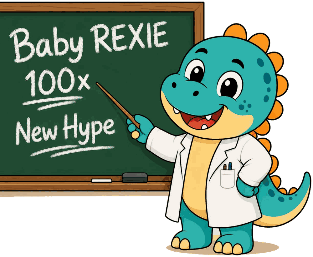 Professor Baby Rexie pointing at a chalkboard that reads Baby Rexie 100x new hype