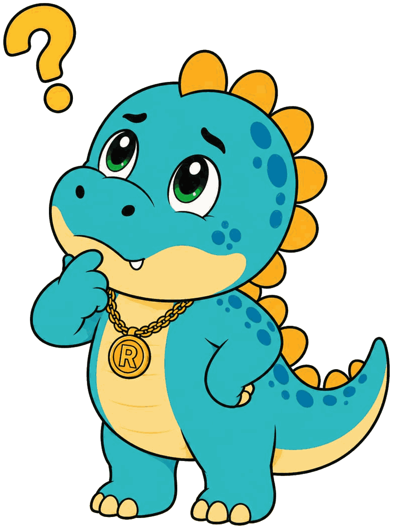 Baby Rexie the dinosaur thinking with a question mark above his head